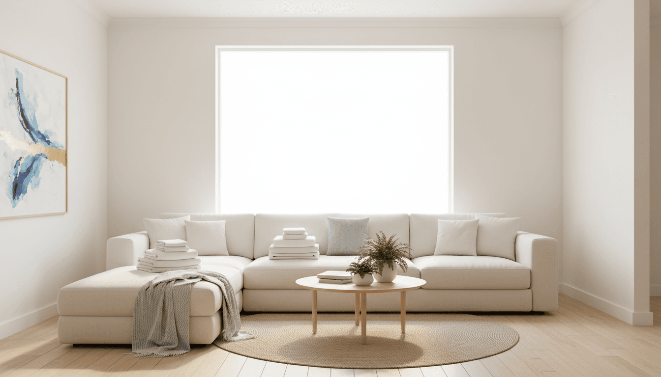 Bright, clean living room with natural light and fresh linens