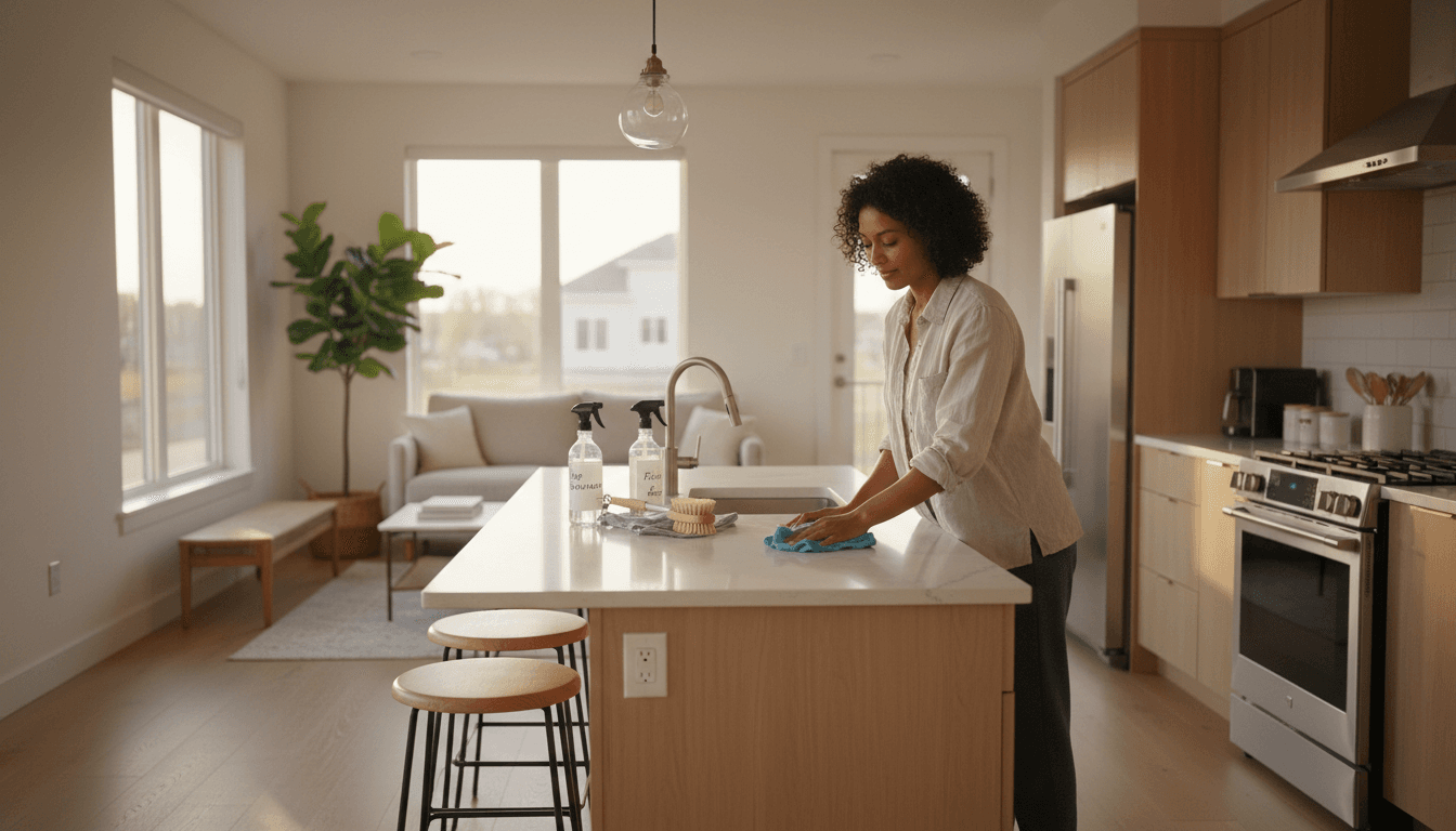 Professional cleaner wiping kitchen counter in a bright modern Toronto home