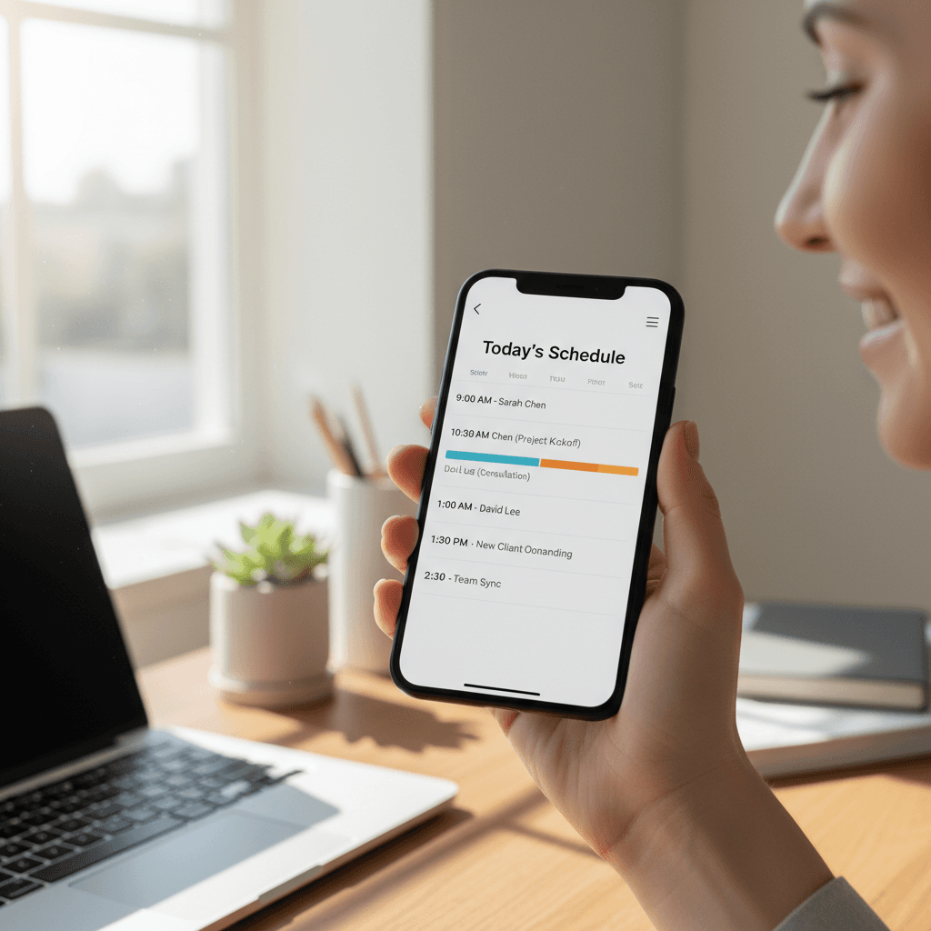 Person scheduling a cleaning appointment on a phone in a bright modern home