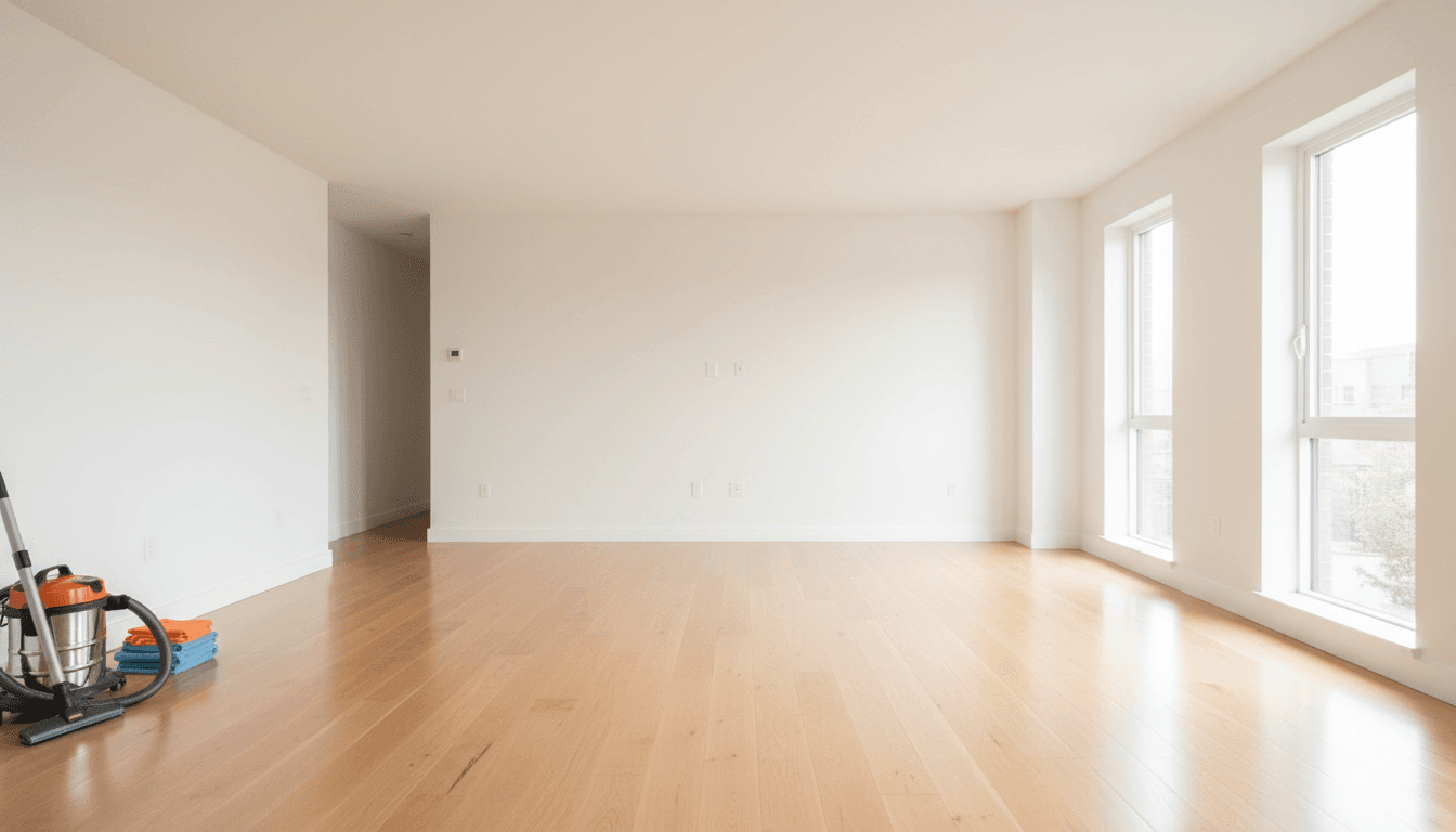 Freshly cleaned empty apartment with gleaming hardwood floors ready for move-in