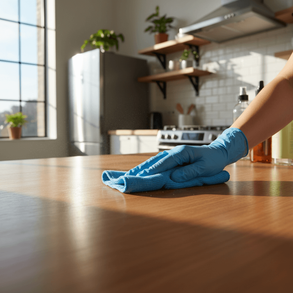 Professional cleaner wiping a kitchen counter in a bright, tidy home