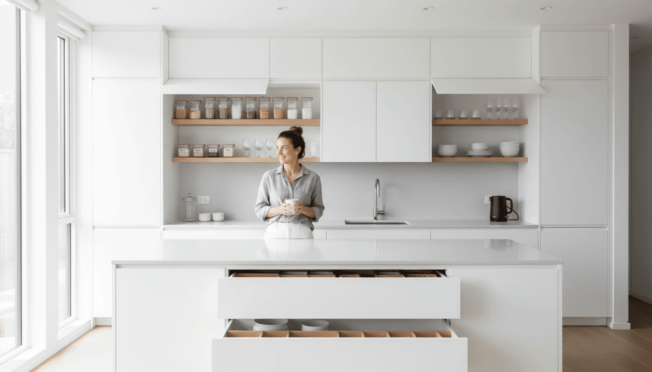 Bright clean modern kitchen with organized countertops and natural light