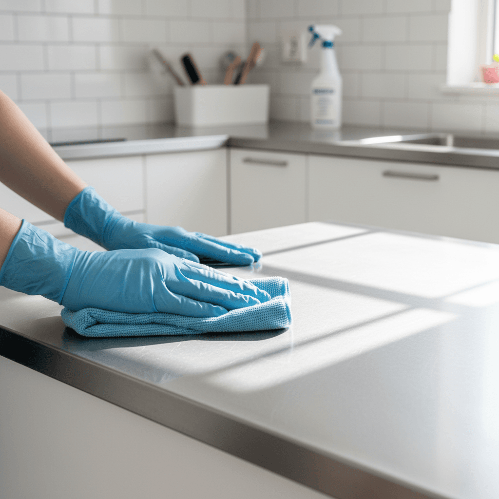 Professional cleaner wiping a kitchen counter with a microfiber cloth in a bright modern home