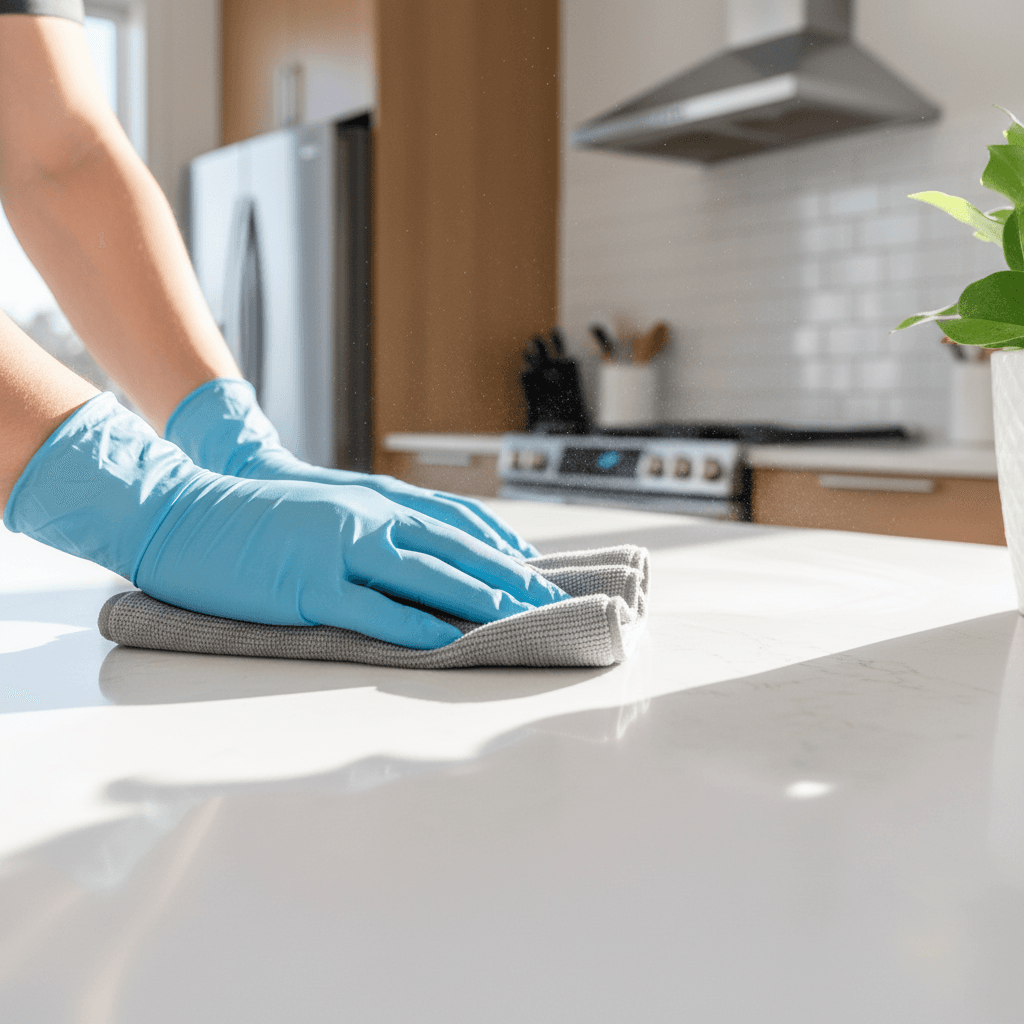Cleaner wiping a kitchen backsplash and countertop with a microfiber cloth
