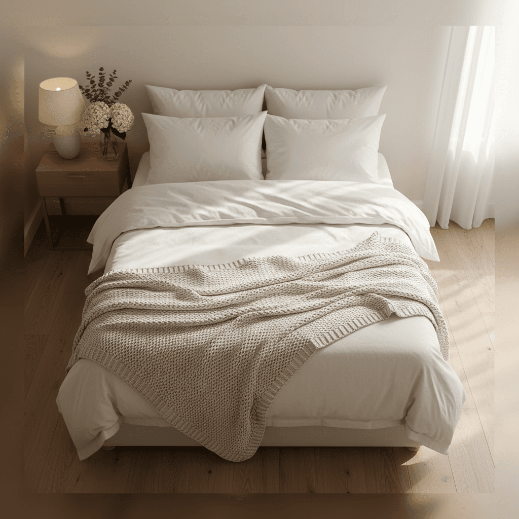 Freshly made bed with crisp white linens in a bright Toronto bedroom