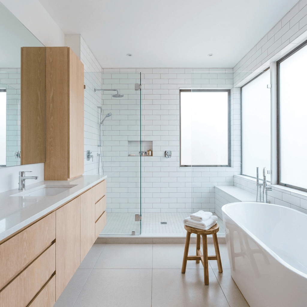 Spotless bathroom with white subway tile, clean glass shower, and polished fixtures