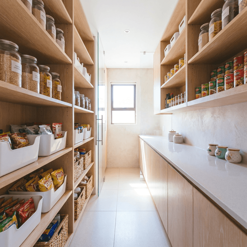 Neatly organized pantry with wiped shelves and sorted food containers