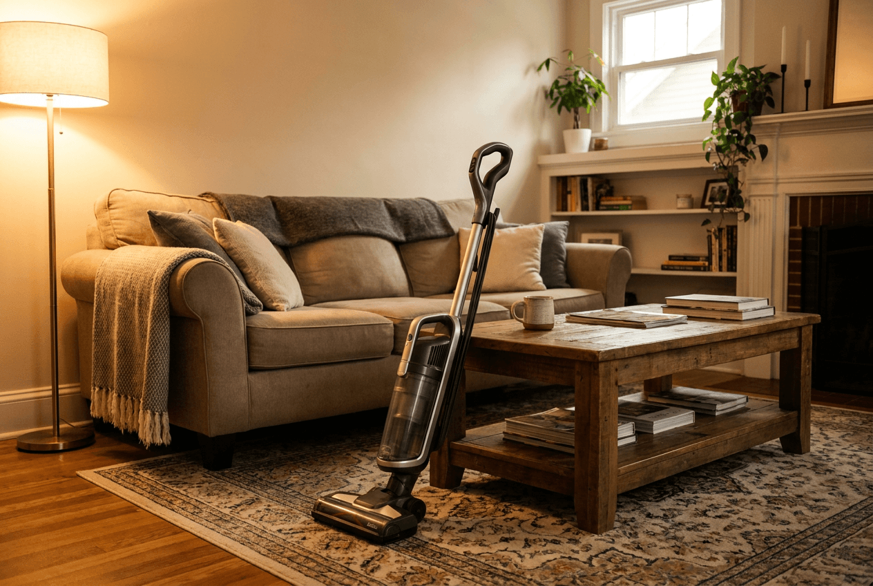 Living room with freshly vacuumed rug and dusted surfaces after a thorough clean